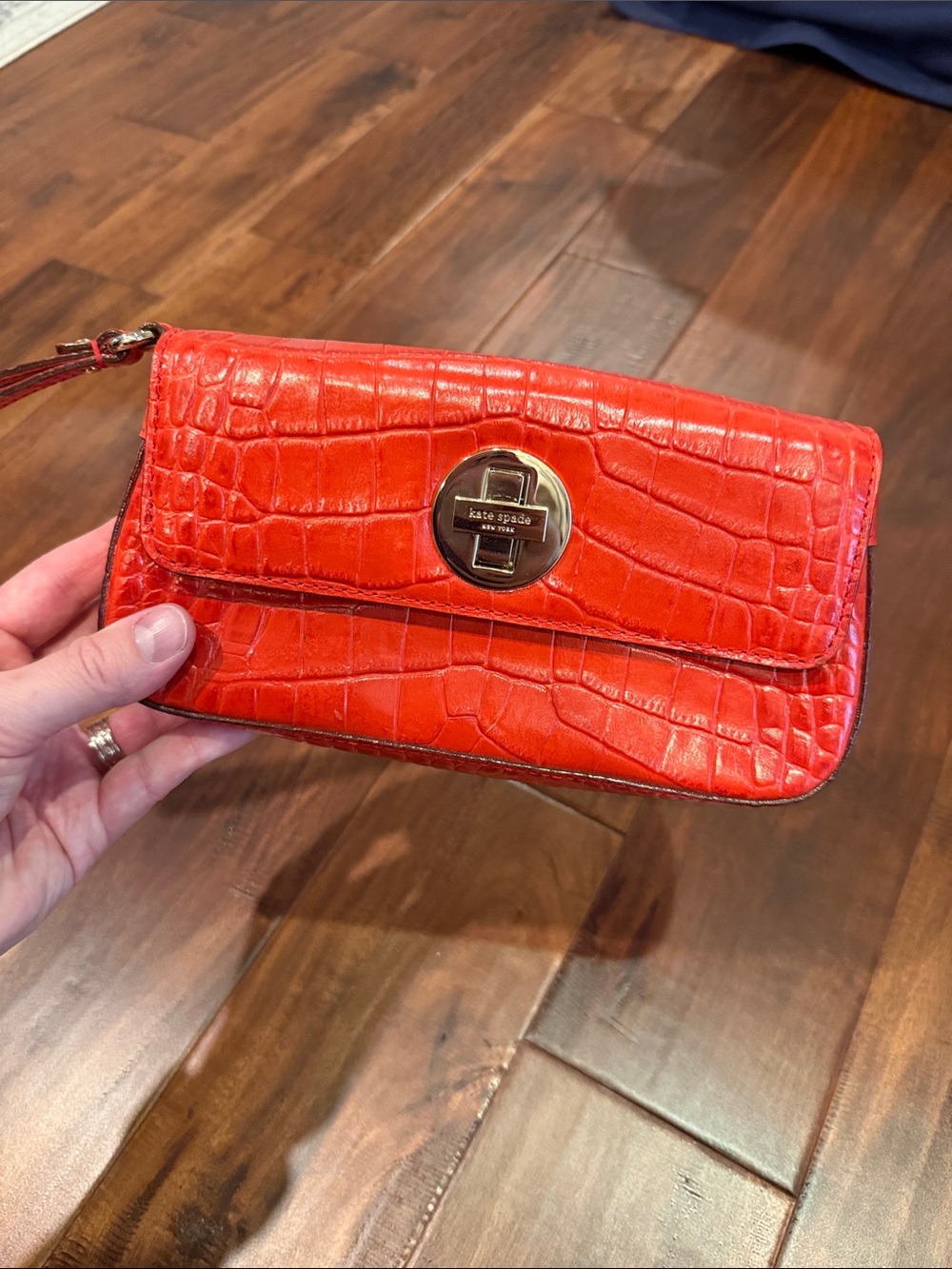 kate spade Orange Croc-Embossed Leather Wristlet with Gold-Tone Turnlock